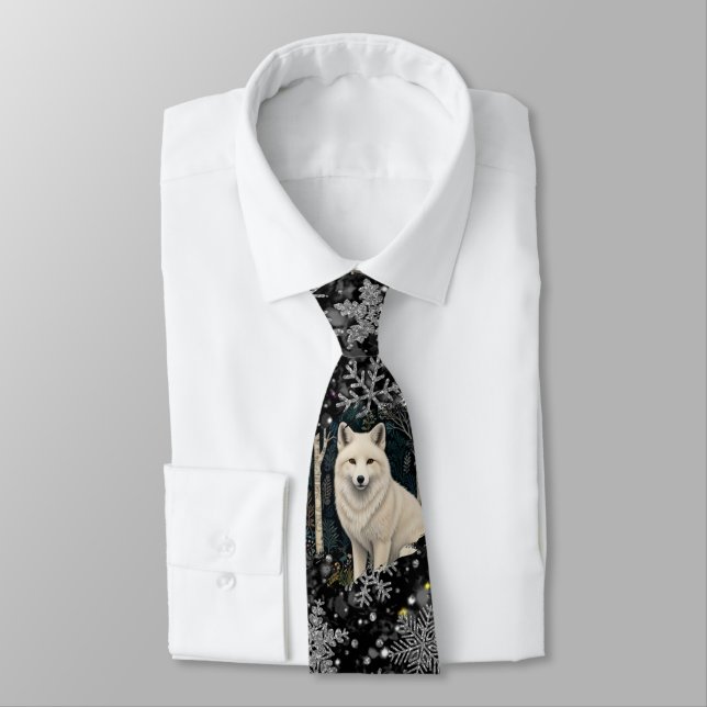 Elegant Christmas white  wolf silver snowflakes Tie (Tied)