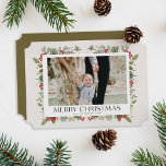 Elegant Christmas Winter Botanicals beige 1 photo  Holiday Card<br><div class="desc">Gorgeous modern Merry Christmas Winter holly berry border with a beige background,  1 photo holiday card. Customise with your family name and year.</div>