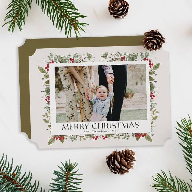 Elegant Christmas Winter Botanicals beige 1 photo  Holiday Card (botanical elegant Christmas photo card, beige, green and red.)