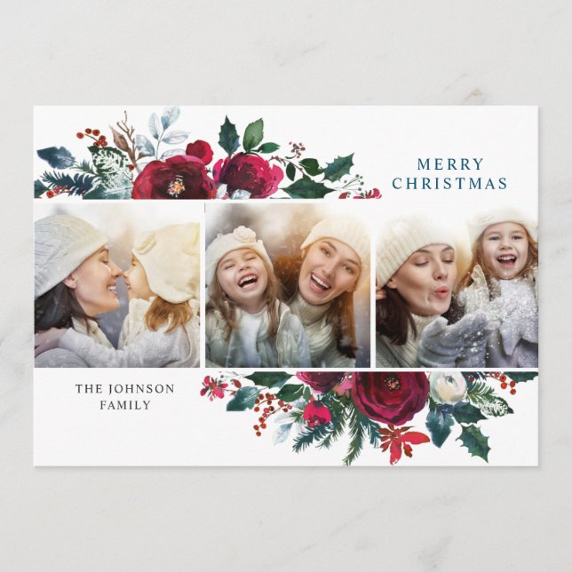Elegant Christmas Winter Flowers 3 Photo Greeting Holiday Card (Front)