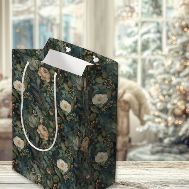 Elegant Christmas Winter Green and Cream Floral Medium Gift Bag (Creator Uploaded)