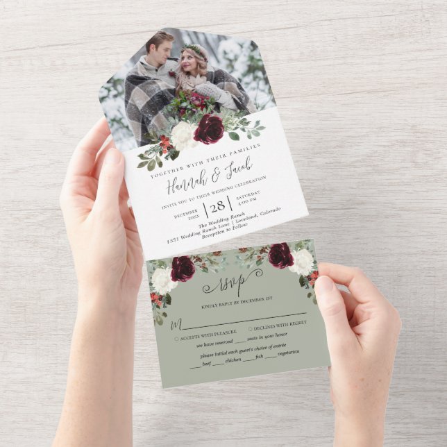 Elegant Christmas Winter Photo Wedding All In One Invitation (Tearaway)