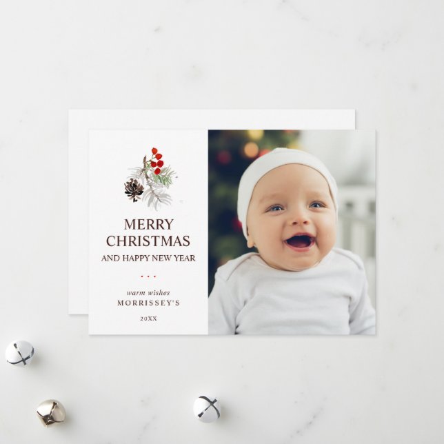 Elegant Christmas Winter Watercolor Greenery Photo Holiday Card (Front/Back In Situ)