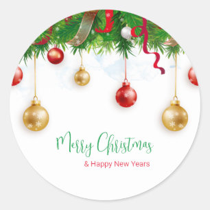 Elegant  Christmas Wreath Boarder with Ornaments  Classic Round Sticker