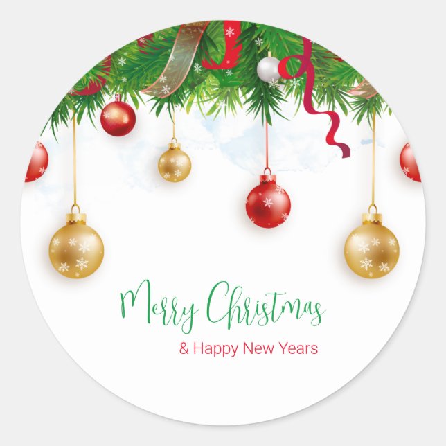 Elegant  Christmas Wreath Boarder with Ornaments  Classic Round Sticker (Front)