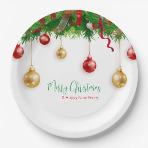 Elegant  Christmas Wreath Boarder with Ornaments Paper Plate