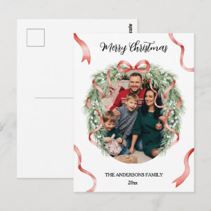 Elegant Christmas Wreath Bow Custom Family Photo Postcard