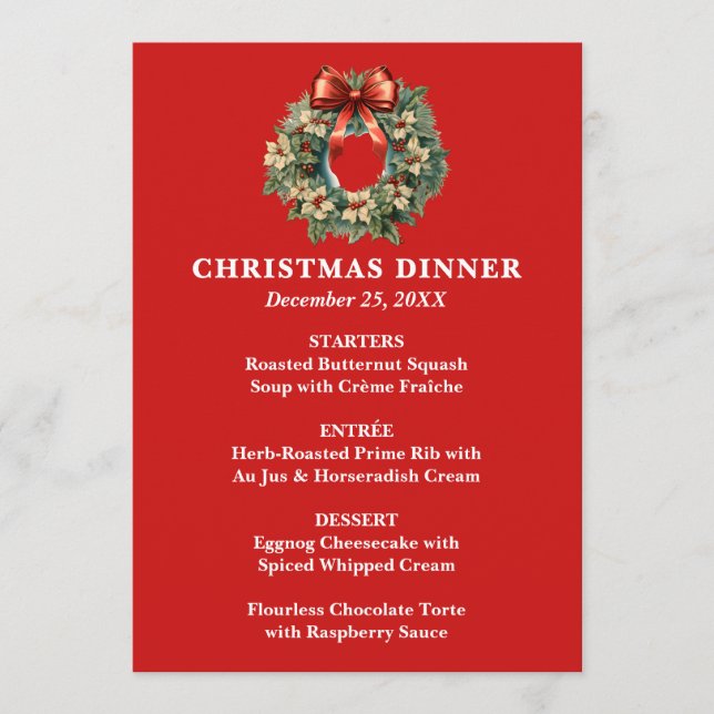 Elegant Christmas Wreath Christmas Dinner Menu (Front)