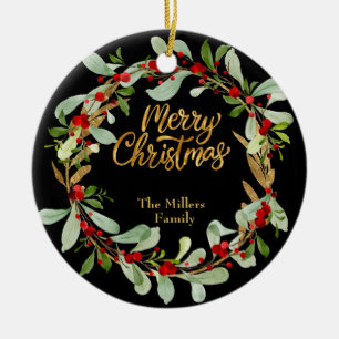 Elegant Christmas Wreath Customisable Name Black Ceramic Tree Decoration
