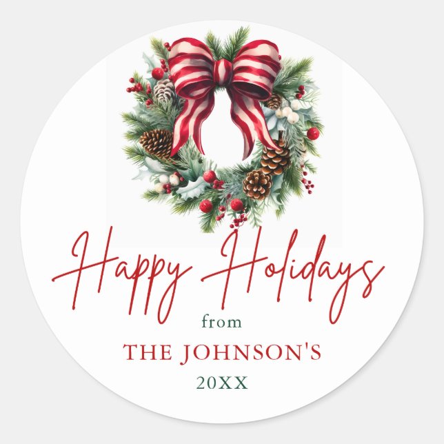 Elegant Christmas Wreath Happy Holidays Classic Round Sticker (Front)