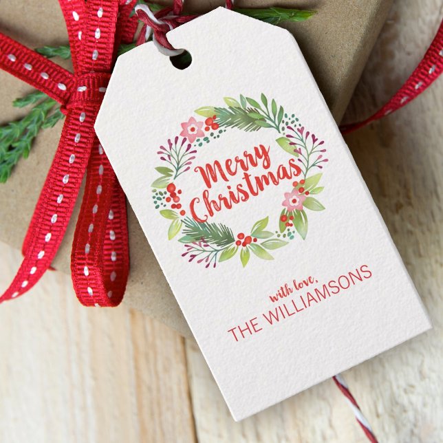 Elegant Christmas Wreath Holiday Gift Tags (A pretty watercolor Christmas wreath decorates this holiday tag. Personalize it with your name)