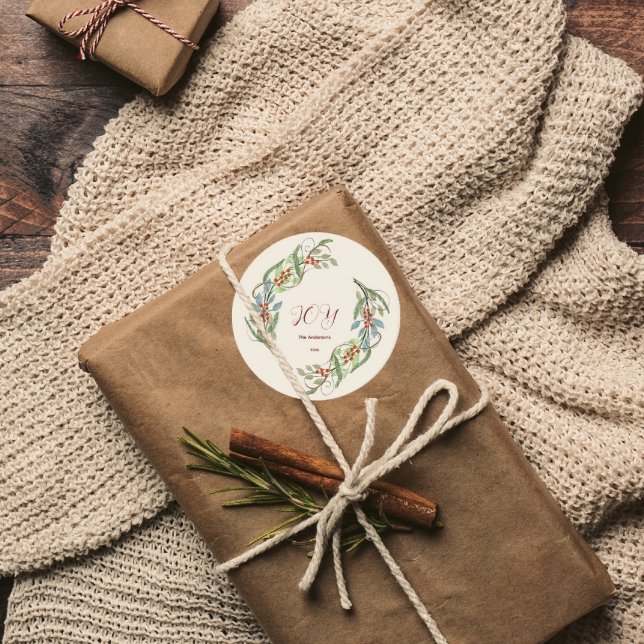 Elegant Christmas Wreath Joy  Classic Round Sticker (Creator Uploaded)