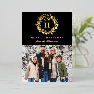 Elegant Christmas Wreath Monogram Black Photo