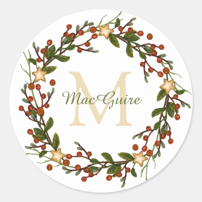 Elegant Christmas Wreath Monogram Initial Classic Classic Round Sticker (Front)