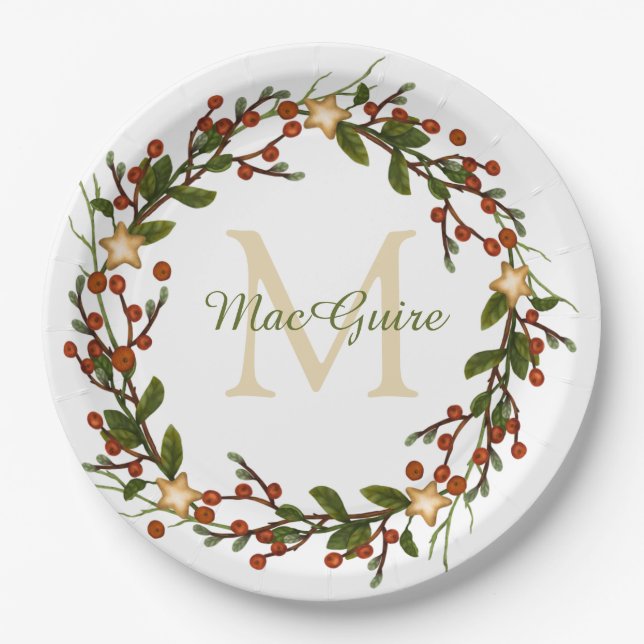 Elegant Christmas Wreath Monogram Initial Paper Plate (Front)