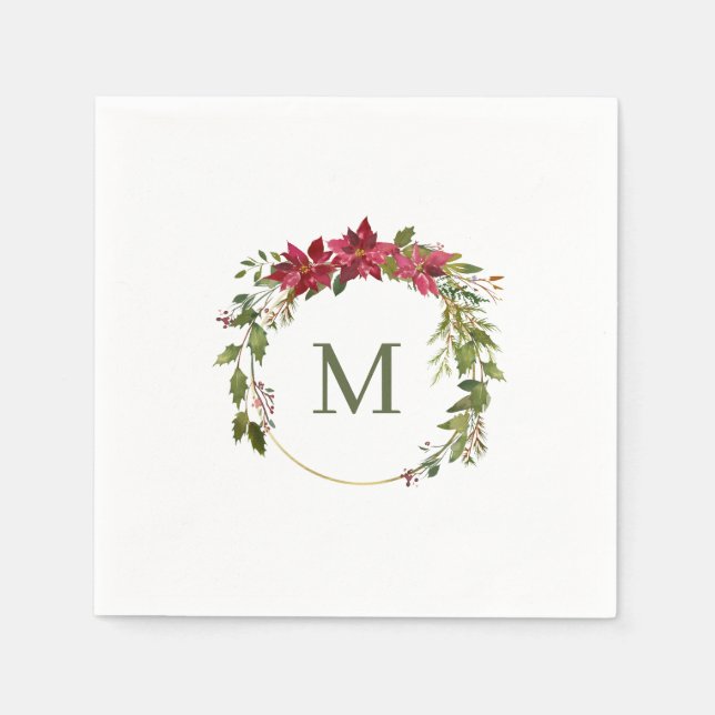Elegant Christmas Wreath Monogram Napkin (Front)