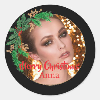 Elegant Christmas Wreath Photo Black Gold Classic Round Sticker