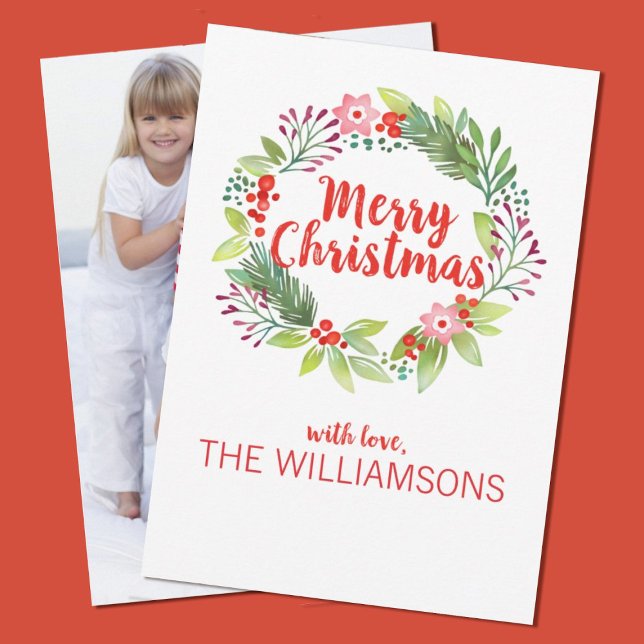 Elegant Christmas Wreath Photo Holiday Card (Add your family photo to this elegant watercolor wreath Christmas card.)