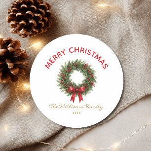 Elegant Christmas Wreath Red Bow Classic Round Sticker