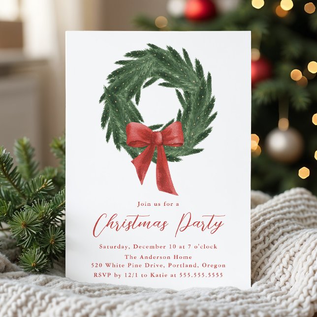 Elegant Christmas Wreath Red Bow Holiday Party Invitation (Creator Uploaded)