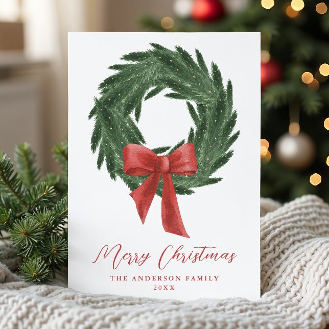 Elegant Christmas Wreath Red Bow Non-Photo Holiday Card (Creator Uploaded)