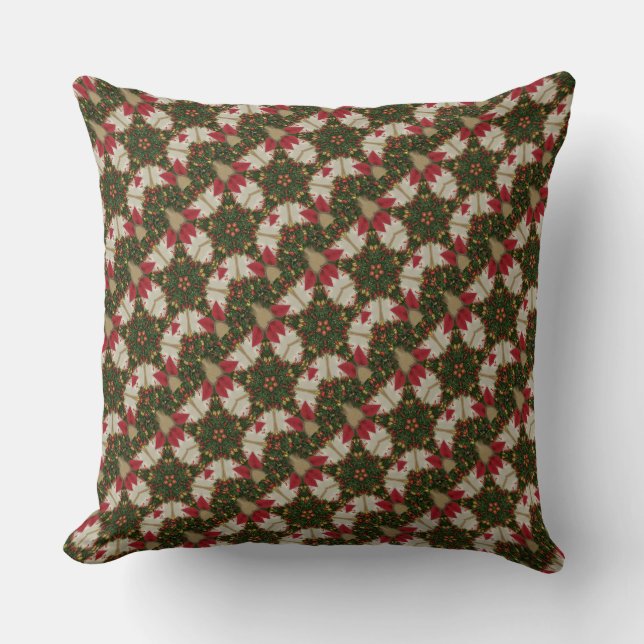 Elegant Christmas Wreath Red Green Kaleidoscopic Cushion (Front)