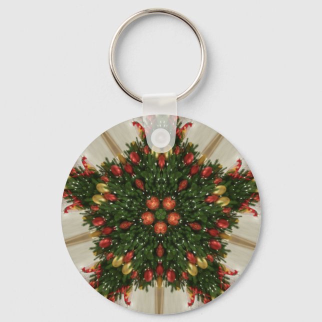 Elegant Christmas Wreath Red Green Kaleidoscopic Key Ring (Front)
