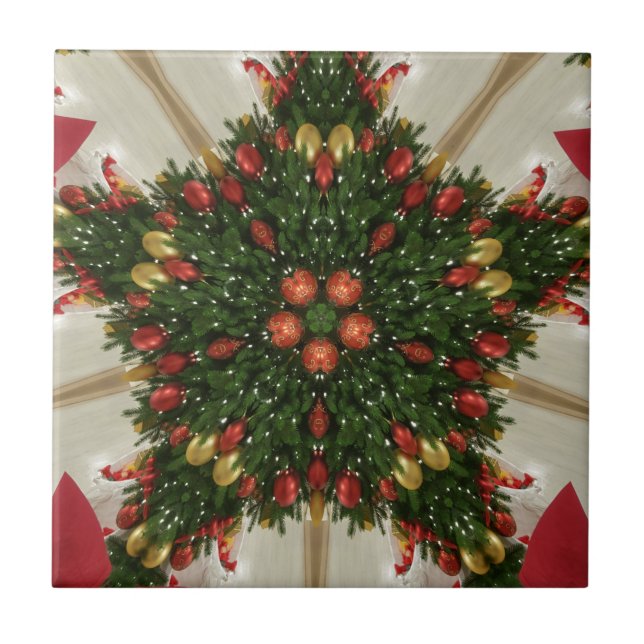 Elegant Christmas Wreath Red Green Kaleidoscopic Tile (Front)