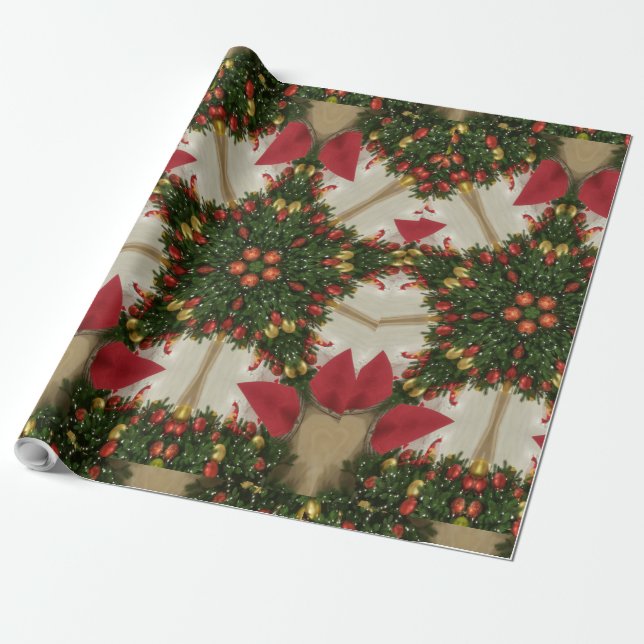 Elegant Christmas Wreath Red Green Kaleidoscopic Wrapping Paper (Unrolled)