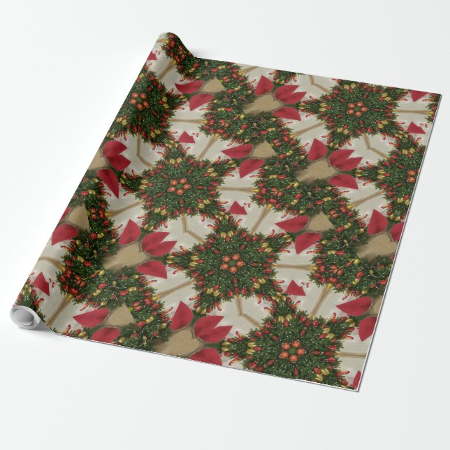 Elegant Christmas Wreath Red Green Kaleidoscopic Wrapping Paper (Unrolled)