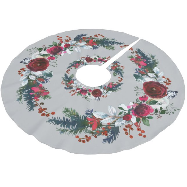 Elegant Christmas Wreath Red Rose Brushed Polyester Tree Skirt (Angled)