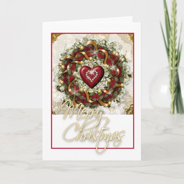 Elegant Christmas wreath red white green heart Holiday Card (Front)