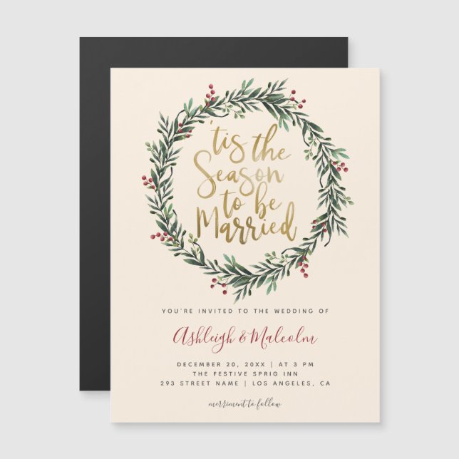 Elegant Christmas Wreath Tis The Season Wedding Magnetic Invitation (Front/Back)