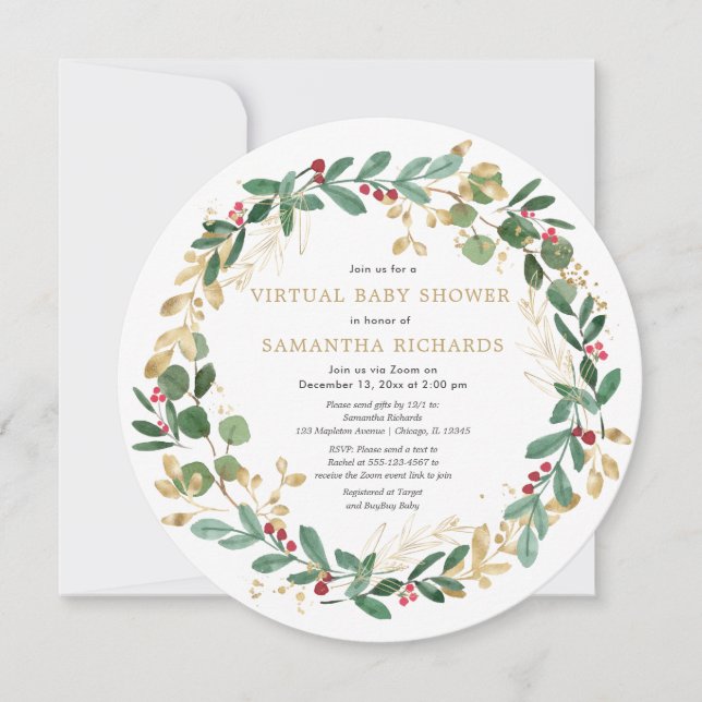Elegant Christmas wreath Virtual Baby Shower Invitation (Front)