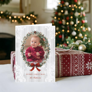 Elegant Christmas Wreath w/Burgandy Bow Photo  Holiday Card
