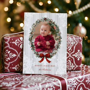 Elegant Christmas Wreath w/Burgandy Bow Photo  Holiday Card