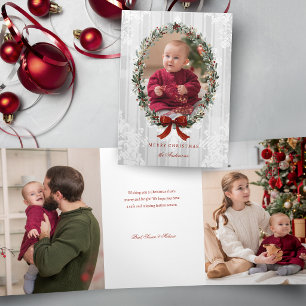 Elegant Christmas Wreath w/Burgandy Bow Photo  Tri-Fold Holiday Card