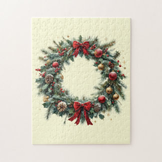 Elegant Christmas Wreath with Pinecones & Red Bow Jigsaw Puzzle