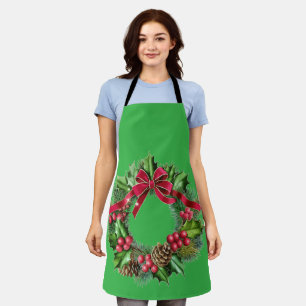 Elegant Christmas Wreath with Red Bow, Holly & Pin Apron