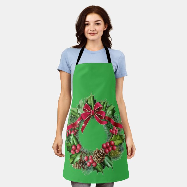 Elegant Christmas Wreath with Red Bow, Holly & Pin Apron (Worn)
