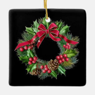 Elegant Christmas Wreath with Red Bow, Holly & Pin Ceramic Ornament