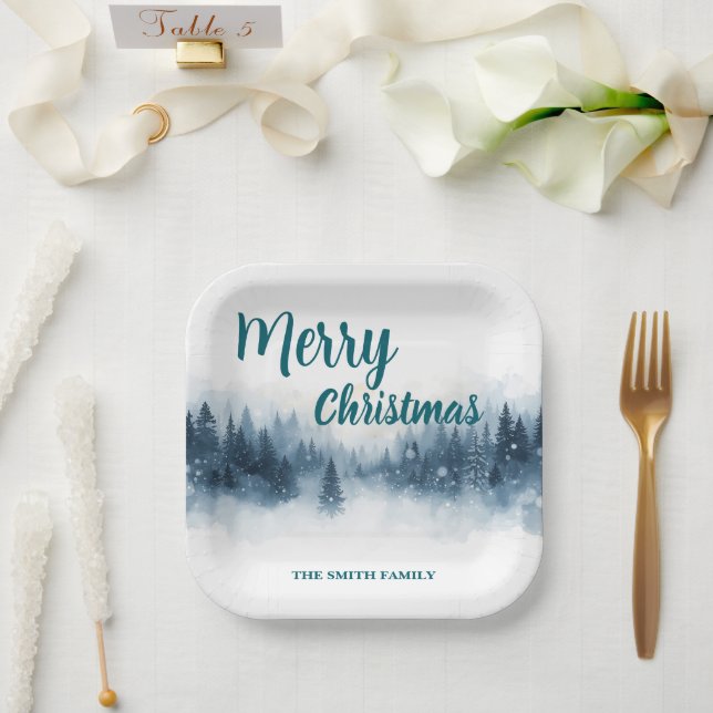 Elegant Christmas Xmas winter pine tree forest Hol Paper Plate (Wedding)