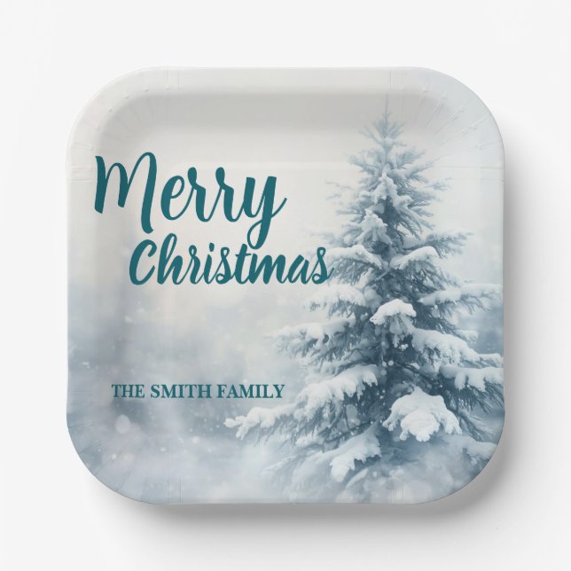 Elegant Christmas Xmas winter pine tree forest Hol Paper Plate (Front)