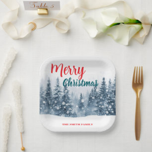 Elegant Christmas Xmas winter pine tree forest Hol Paper Plate