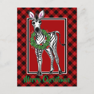 Elegant Christmas Zebra red black holiday plaid Postcard