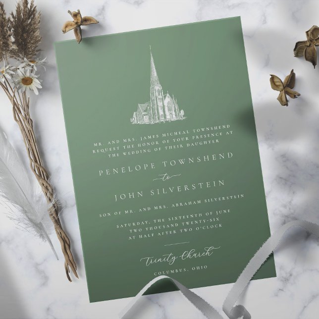 Elegant Church Illustration Green Formal Wedding  Invitation (Sage green formal wedding invitation with an illustration of a church)