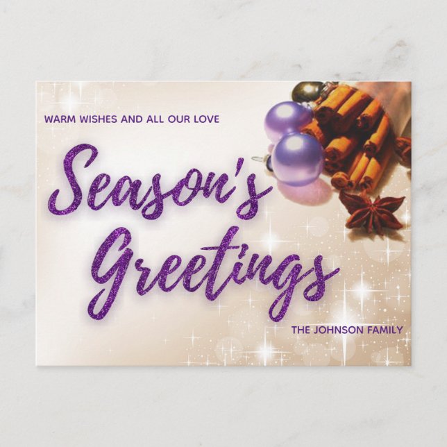 Elegant Cinnamon Purple Glitter Script Christmas Holiday Postcard (Front)