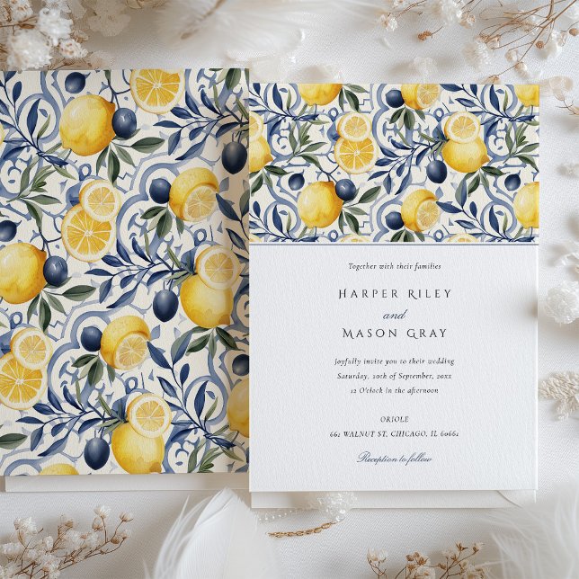 Elegant Citrus and Blue Botanical Wedding Invitation (Creator Uploaded)