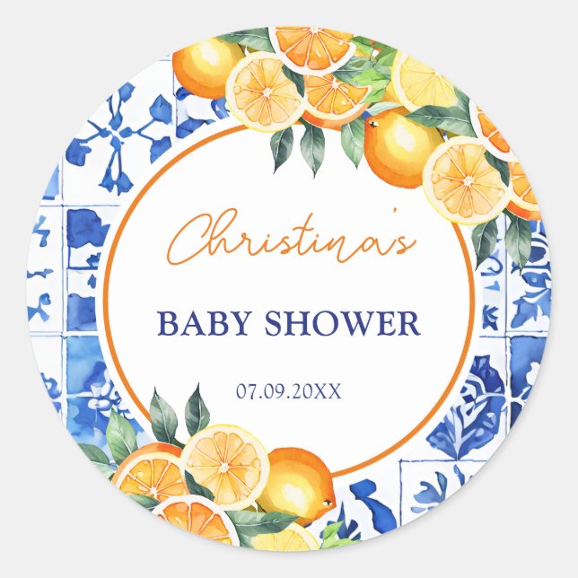 Elegant Citrus Blue Tiles Baby Shower Classic Round Sticker (Front)
