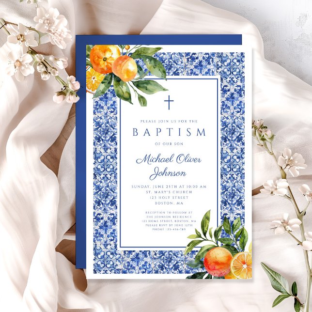 Elegant Citrus Blue Tiles Religious Boy Baptism Invitation (Elegant Citrus Blue Tiles Religious Boy Baptism Invitation)